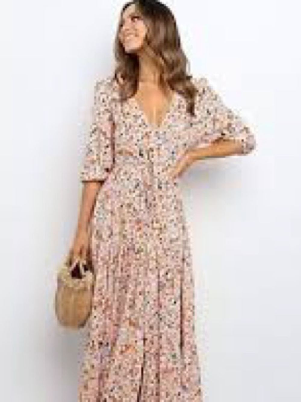 Floral Bohemian Pink Maxi Dress with V-Neck By Mango Size S